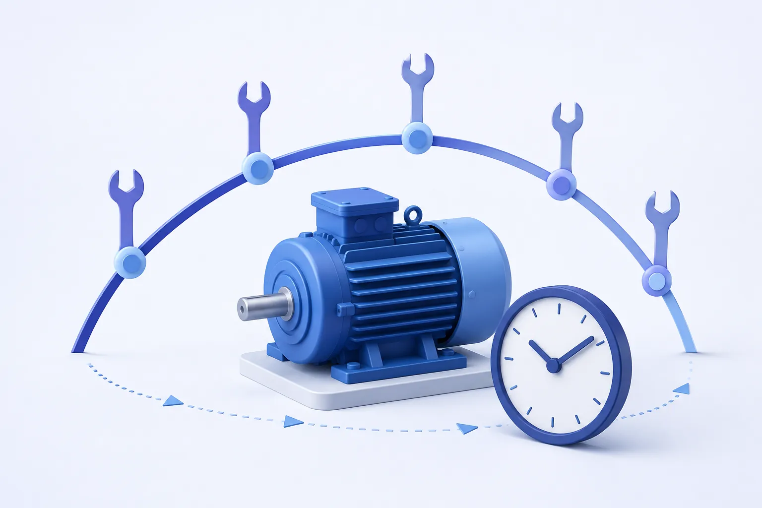 A simple industrial motor beneath a smooth timeline arc punctuated by small wrench-shaped service markers.