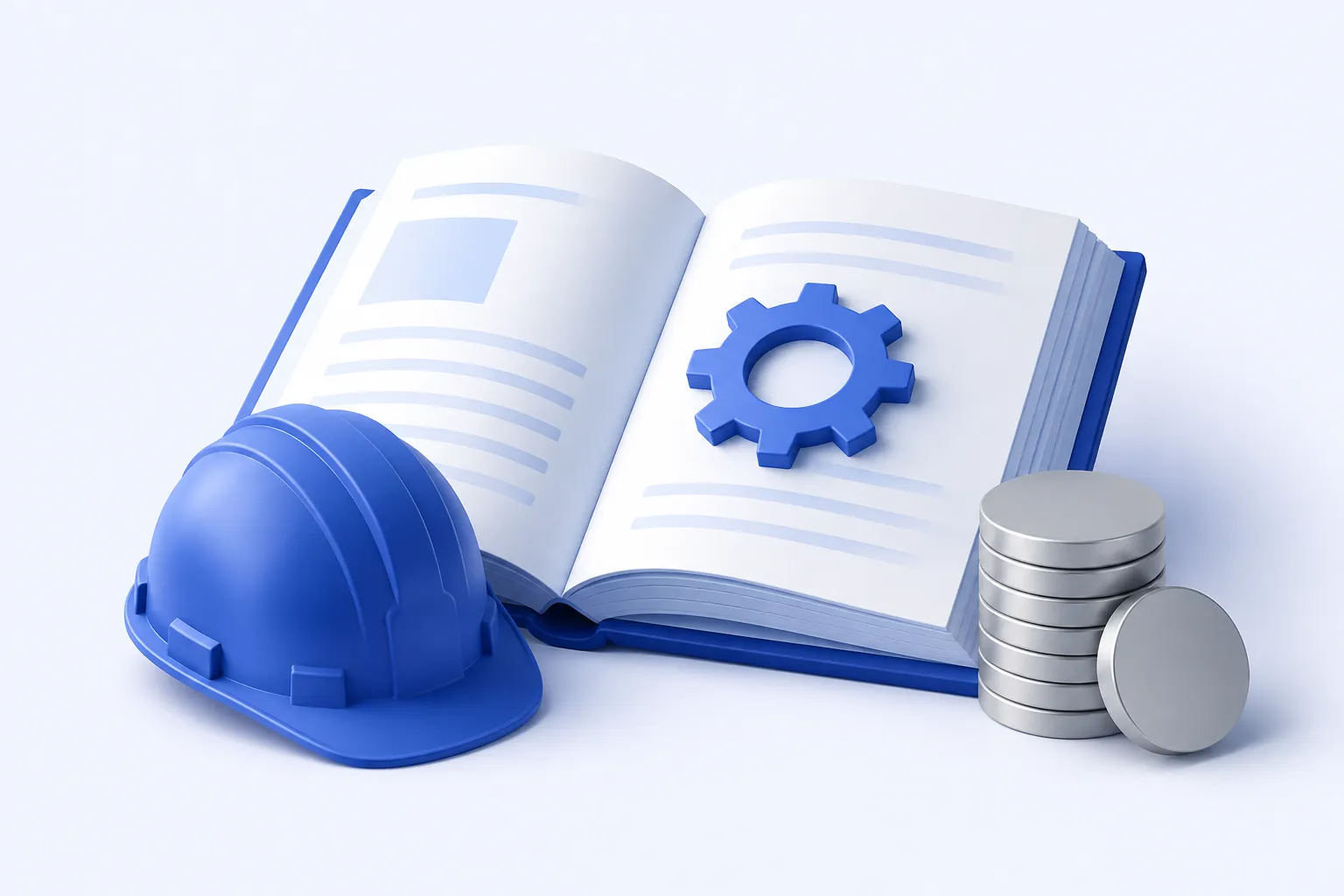 An open technical learning book and a hard hat paired with a compact stack of plain coins.