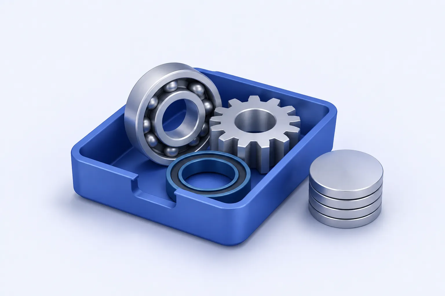 A tidy parts tray containing an industrial bearing, a gear, and a seal, next to a small plain coin stack.