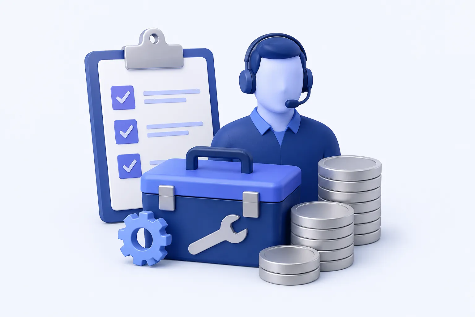 A planning clipboard and simplified support-person bust behind a tool case, paired with plain coin stacks.