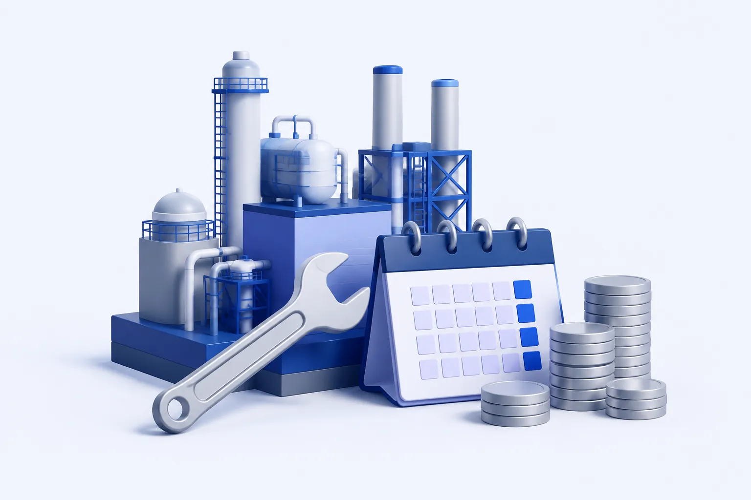A simplified industrial plant block with a neatly placed wrench and calendar tile, accompanied by organized plain coin stacks.