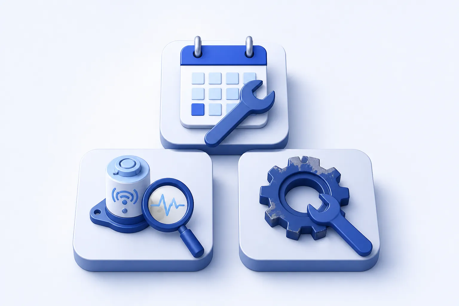 Three equally sized work tiles arranged in a calm triangular grouping: a calendar with wrench for scheduled work, a sensor with magnifier for condition-based work, and a worn gear with wrench for corrective work..