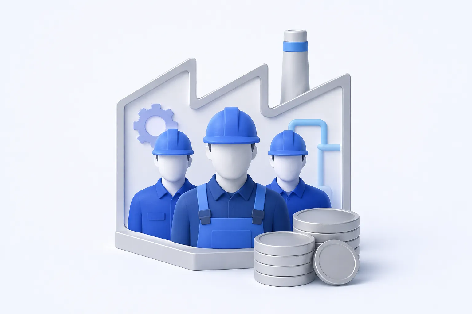 A small group of simplified maintenance-worker busts wearing hard hats, contained within a subtle factory outline, with a plain coin stack at the base.