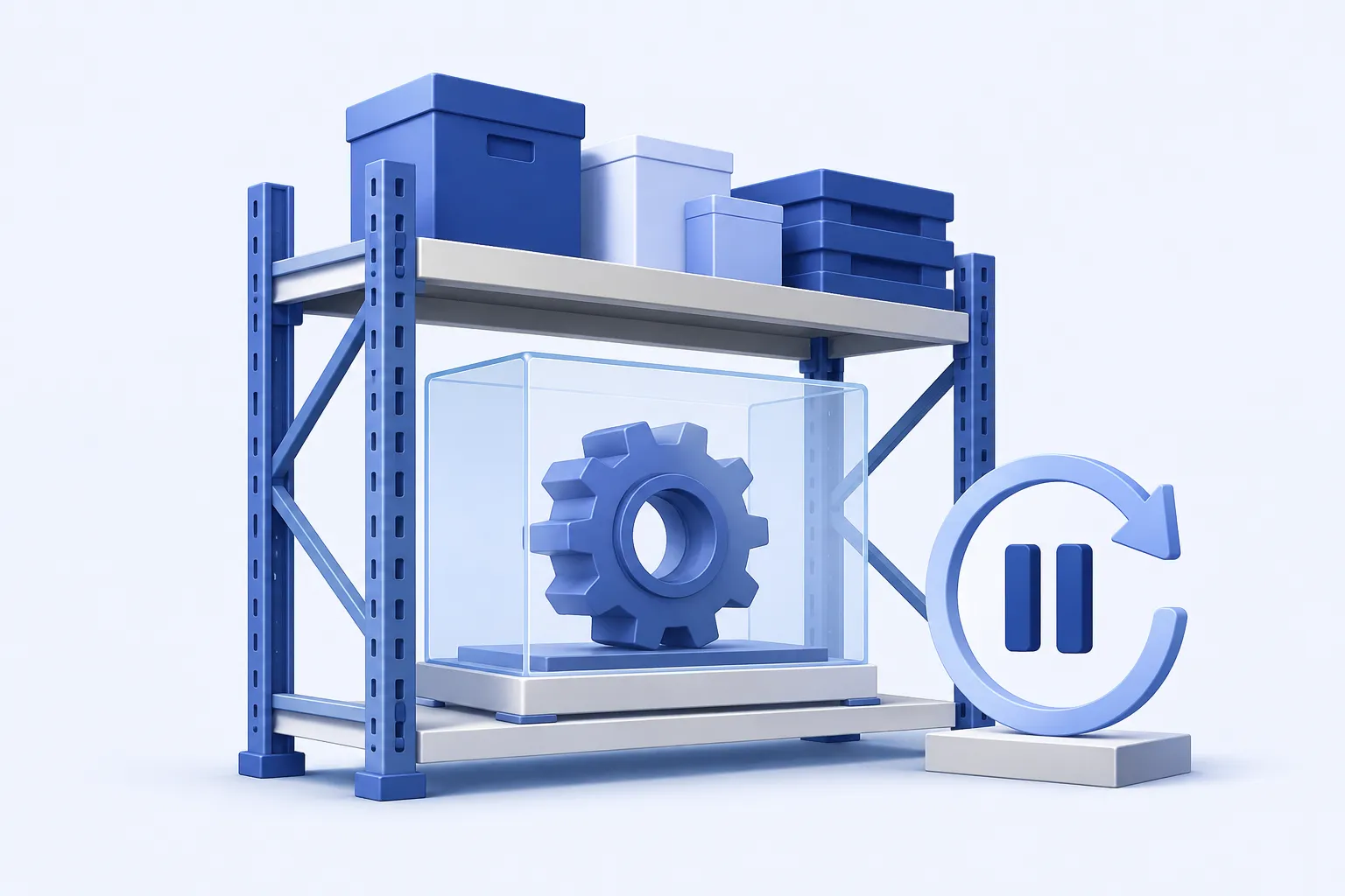 A tidy industrial storeroom shelf with a boxed spare gear sitting still inside a pale transparent enclosure, beside a small paused circular arrow.