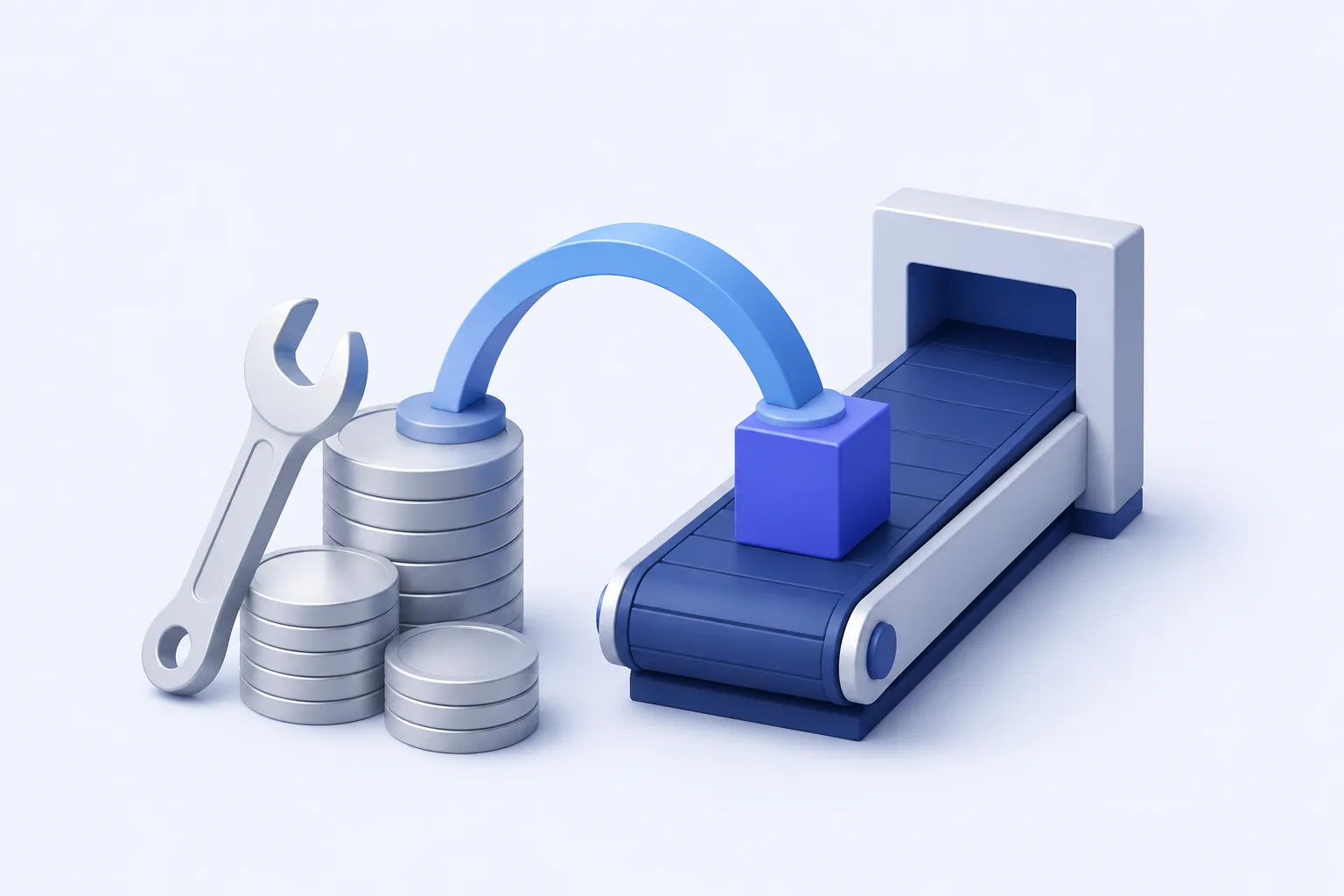 A simplified conveyor delivering one finished product cube beside a compact stack of plain coins and a maintenance wrench.