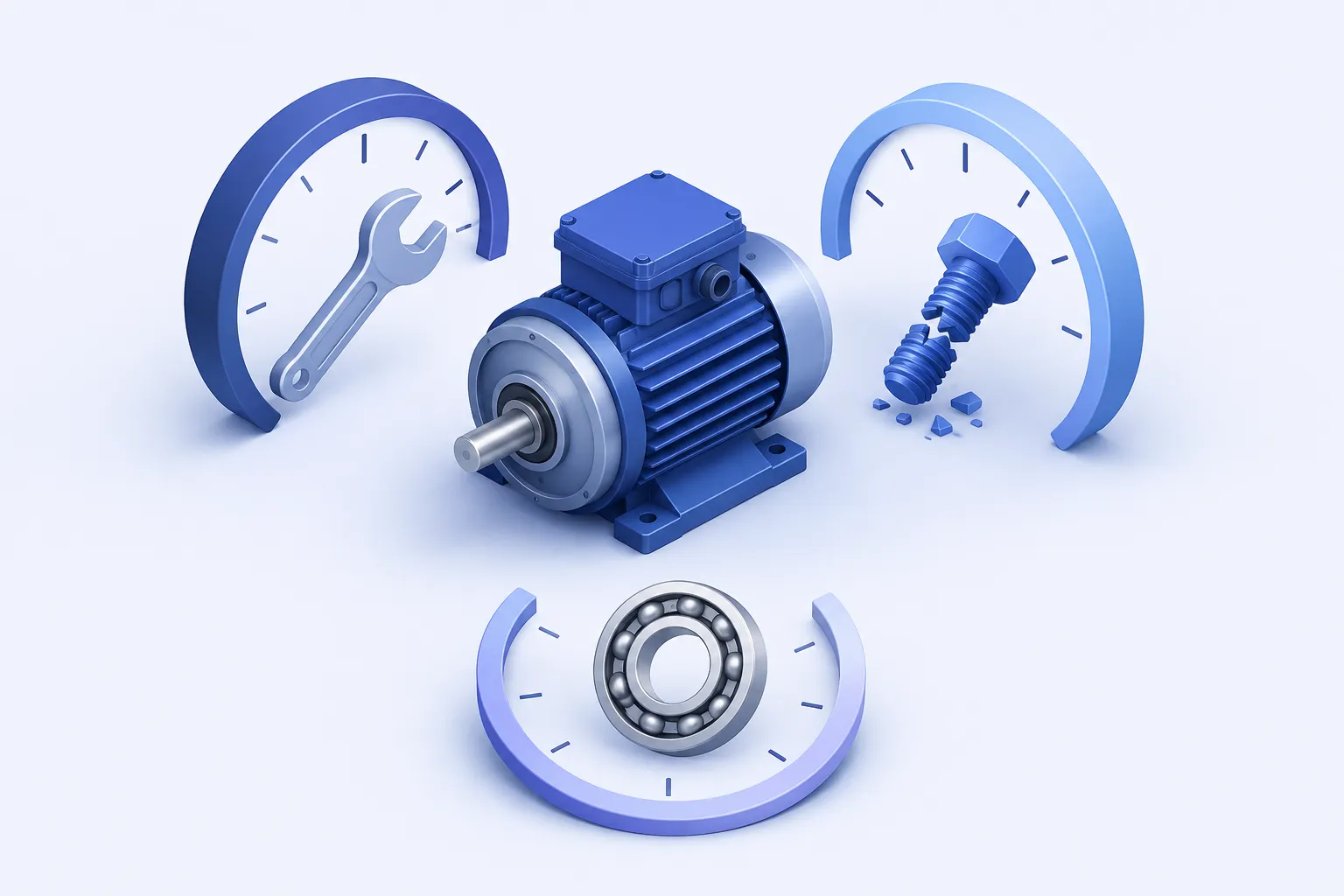 A single compact industrial motor surrounded by three distinct simple timing arcs, each associated with a wrench, a failure bolt, or a replaceable bearing.