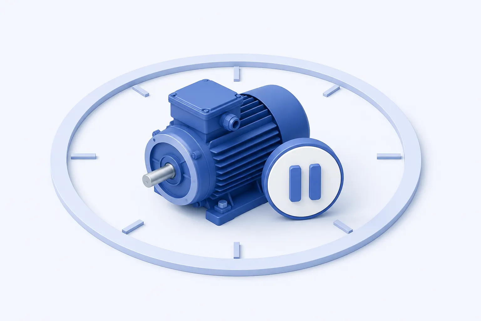 An intact industrial motor with a small pause symbol beside it, positioned within a pale clock ring.