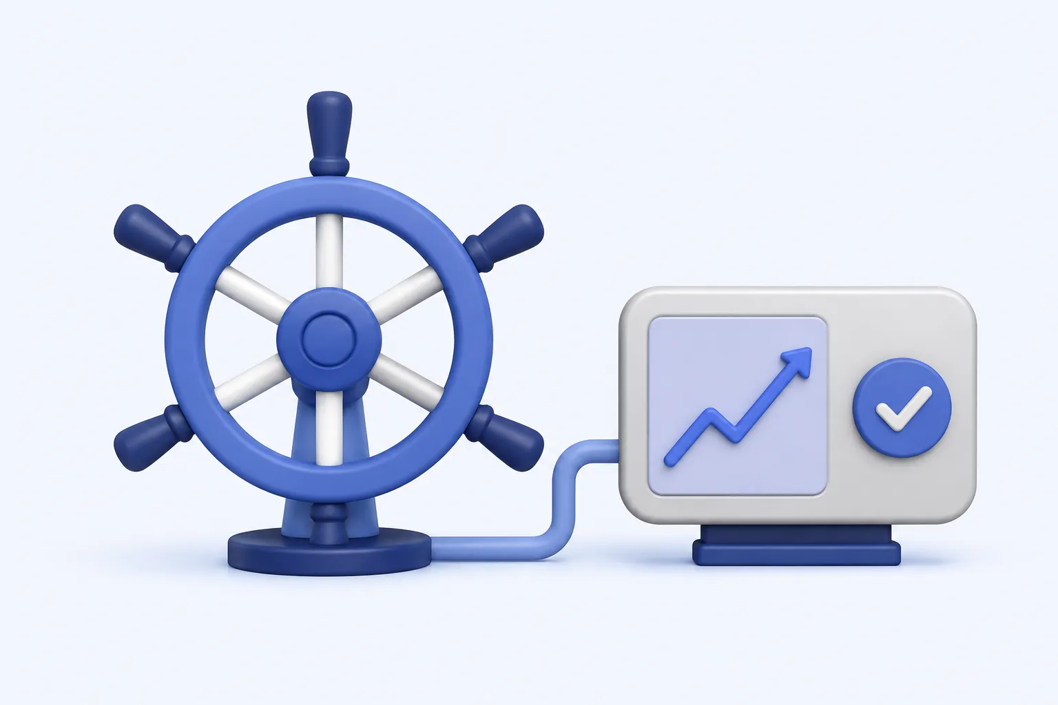 A simplified steering wheel connected along a short path to a small clean scoreboard-like panel containing only a rising line and a check mark.