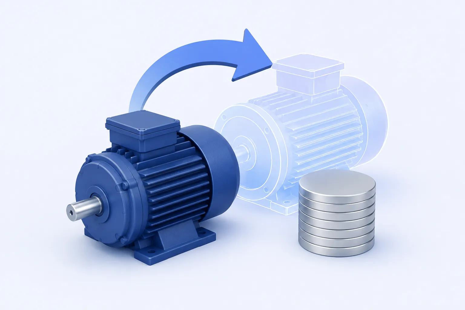 A clean simplified industrial motor in front of a faint pale outline of its replacement, paired with a plain coin stack and a single broad replacement arrow.
