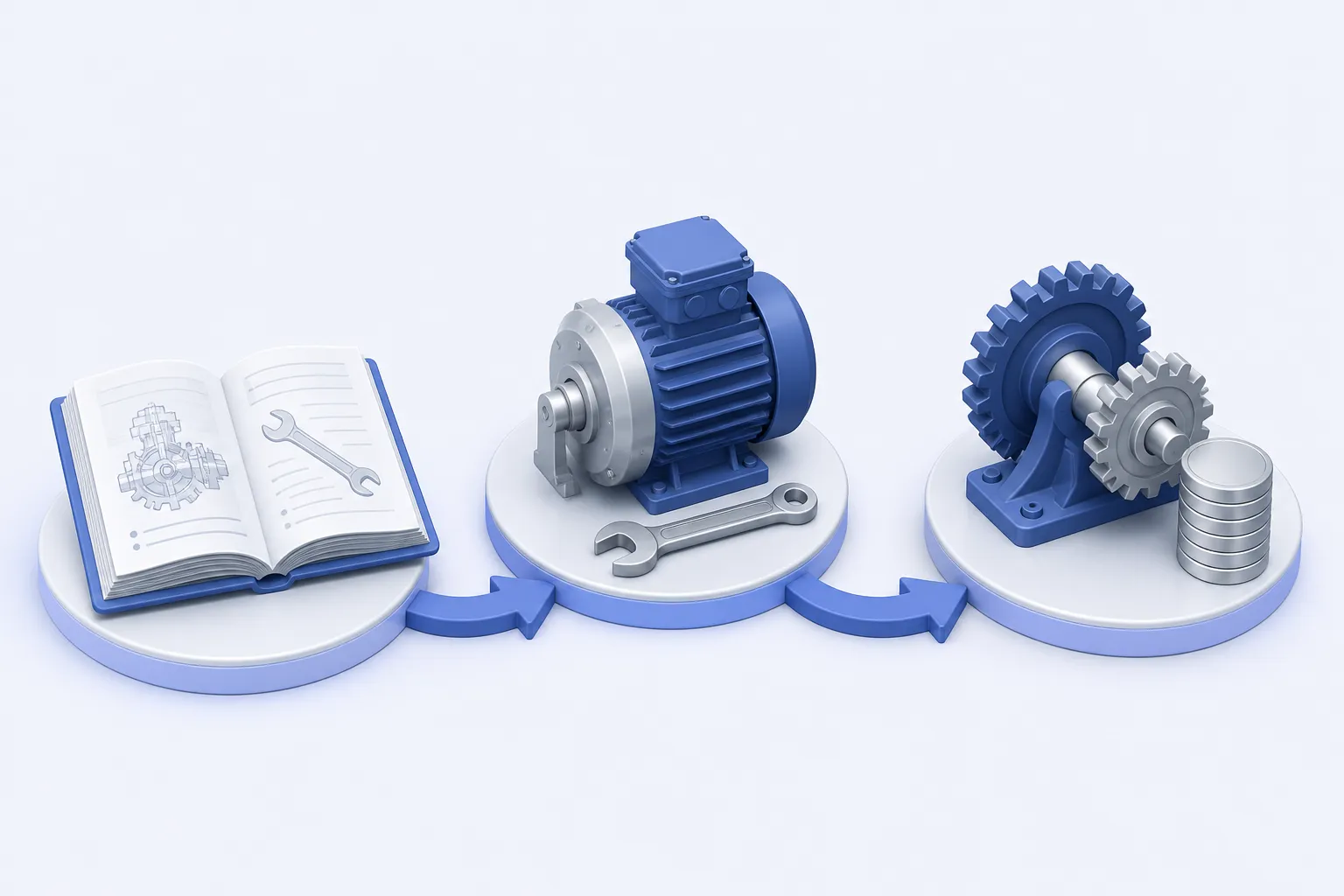 A clear three-step path from an open technical book, to a neatly used wrench beside a machine, to a reliable running gear with a small coin stack.