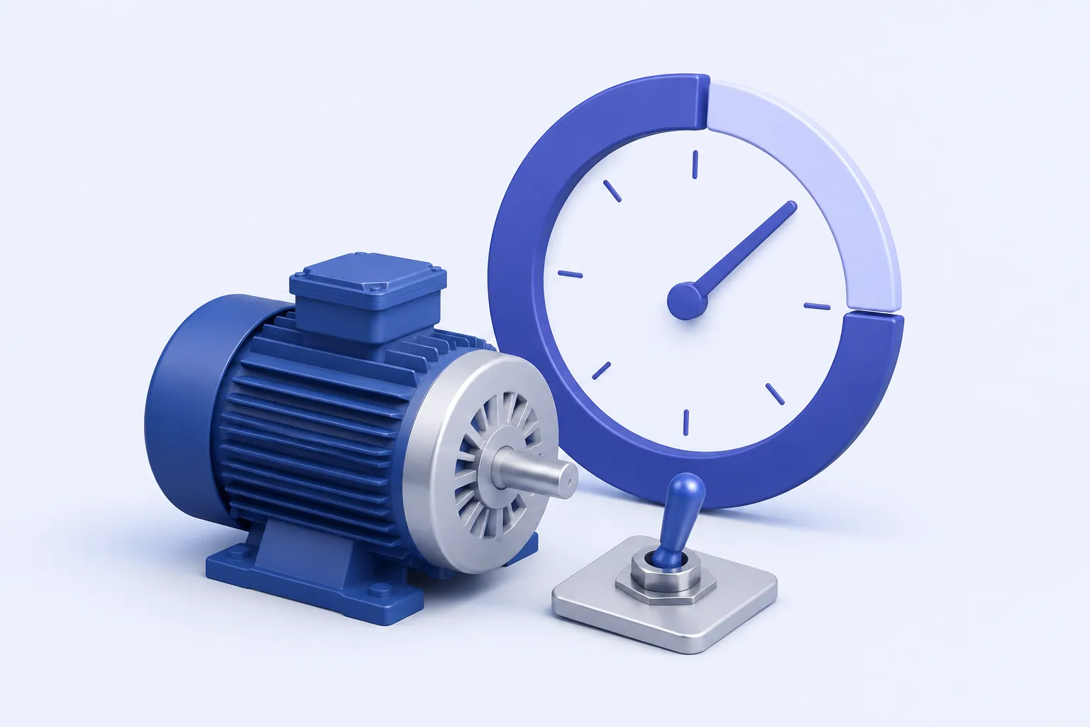 A sturdy industrial motor beside a clean toggle and a circular clock ring with one continuous indigo portion and one pale gap.