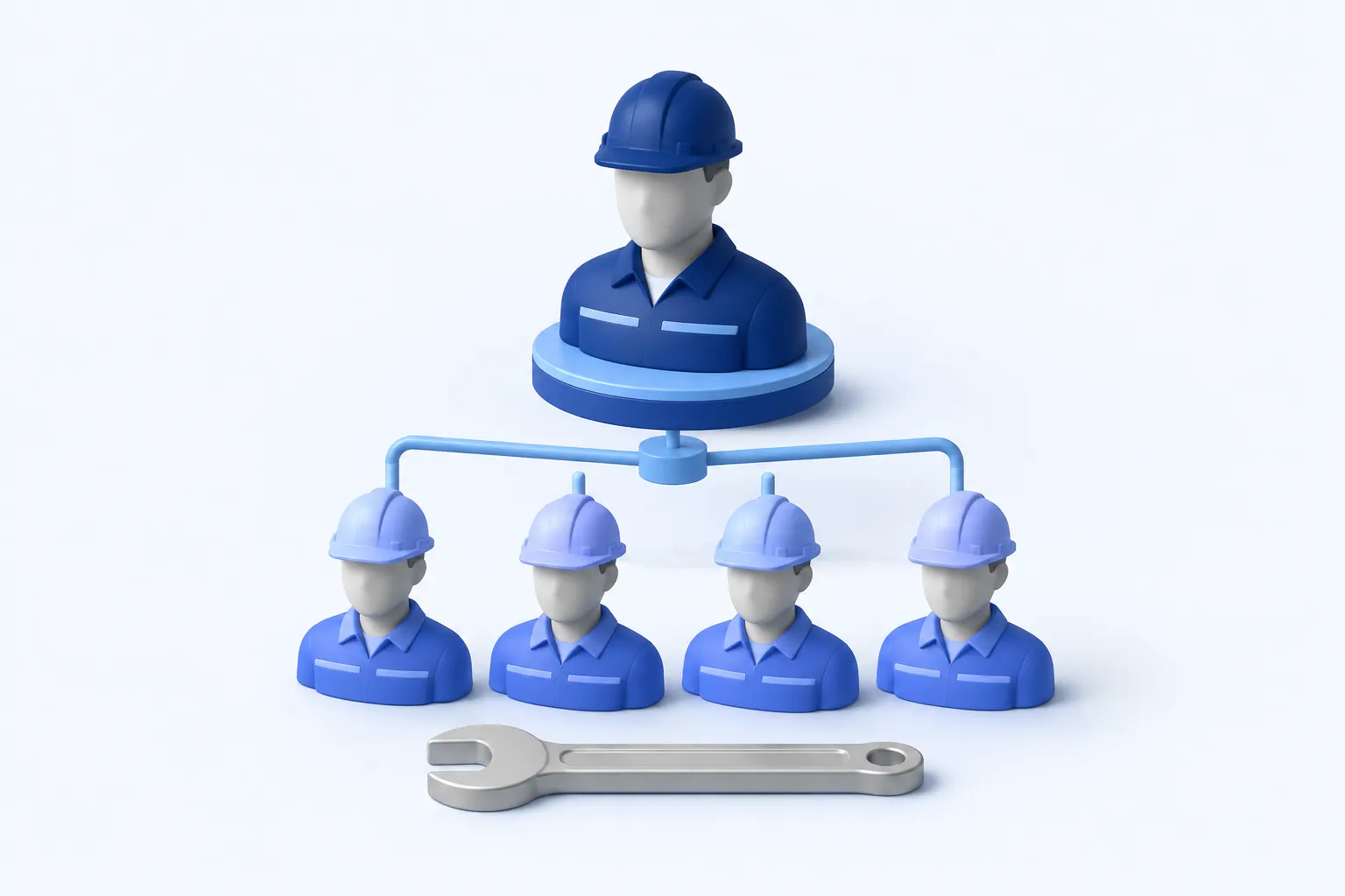 One simplified supervisor bust with a small coordinating node connected to a compact row of hard-hat worker busts and a wrench.