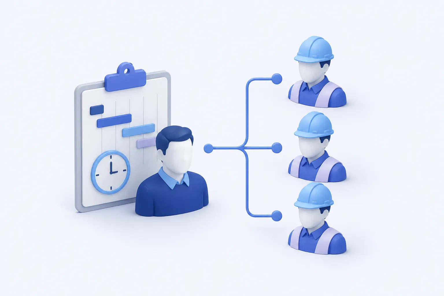 A single planning clipboard beside one simplified planner bust connects through a clean branching line to a small group of hard-hat technician busts.