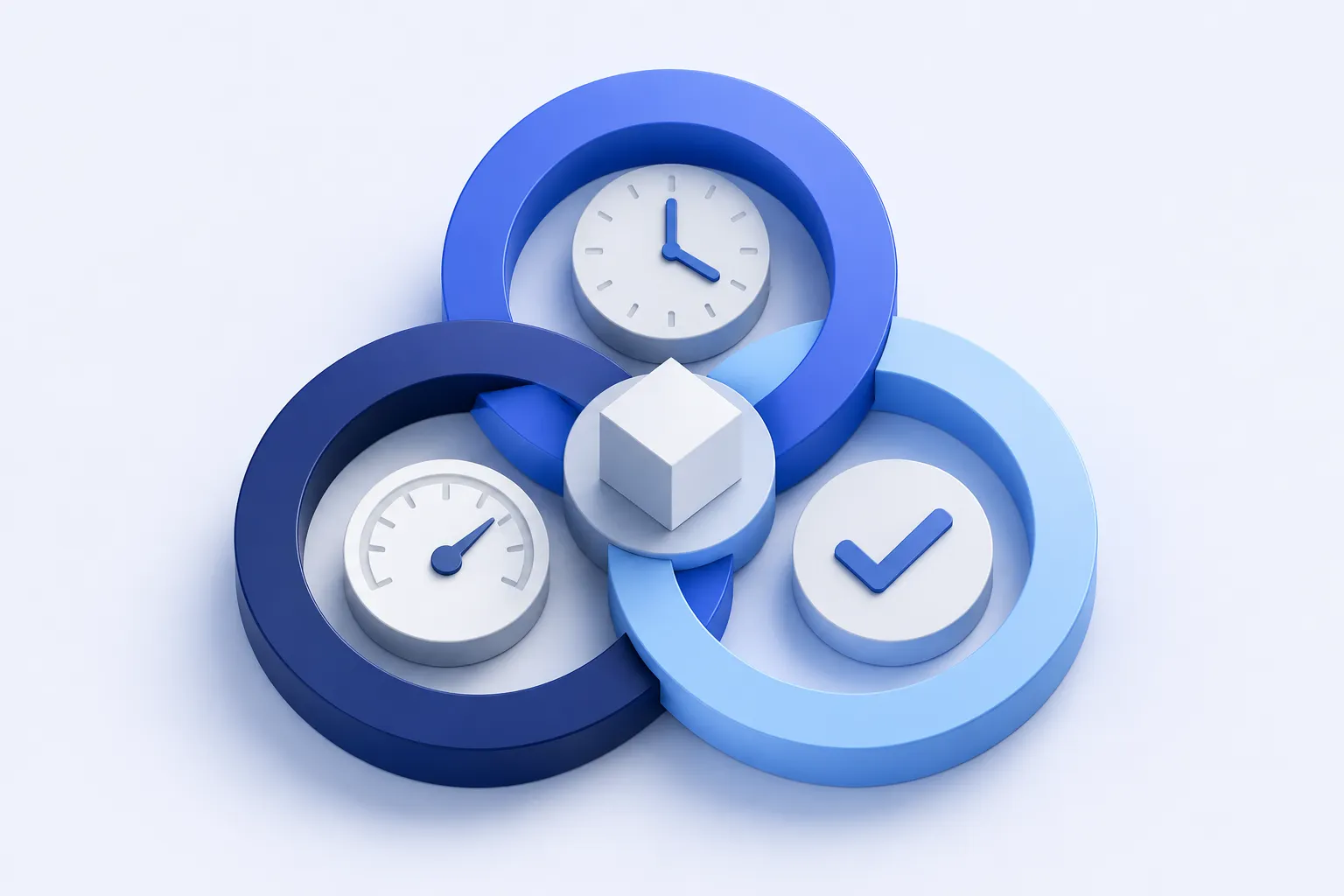 Three clean interlocking dimensional rings, each with a small inset symbol: a clock, an unnumbered speed dial, and a check mark.