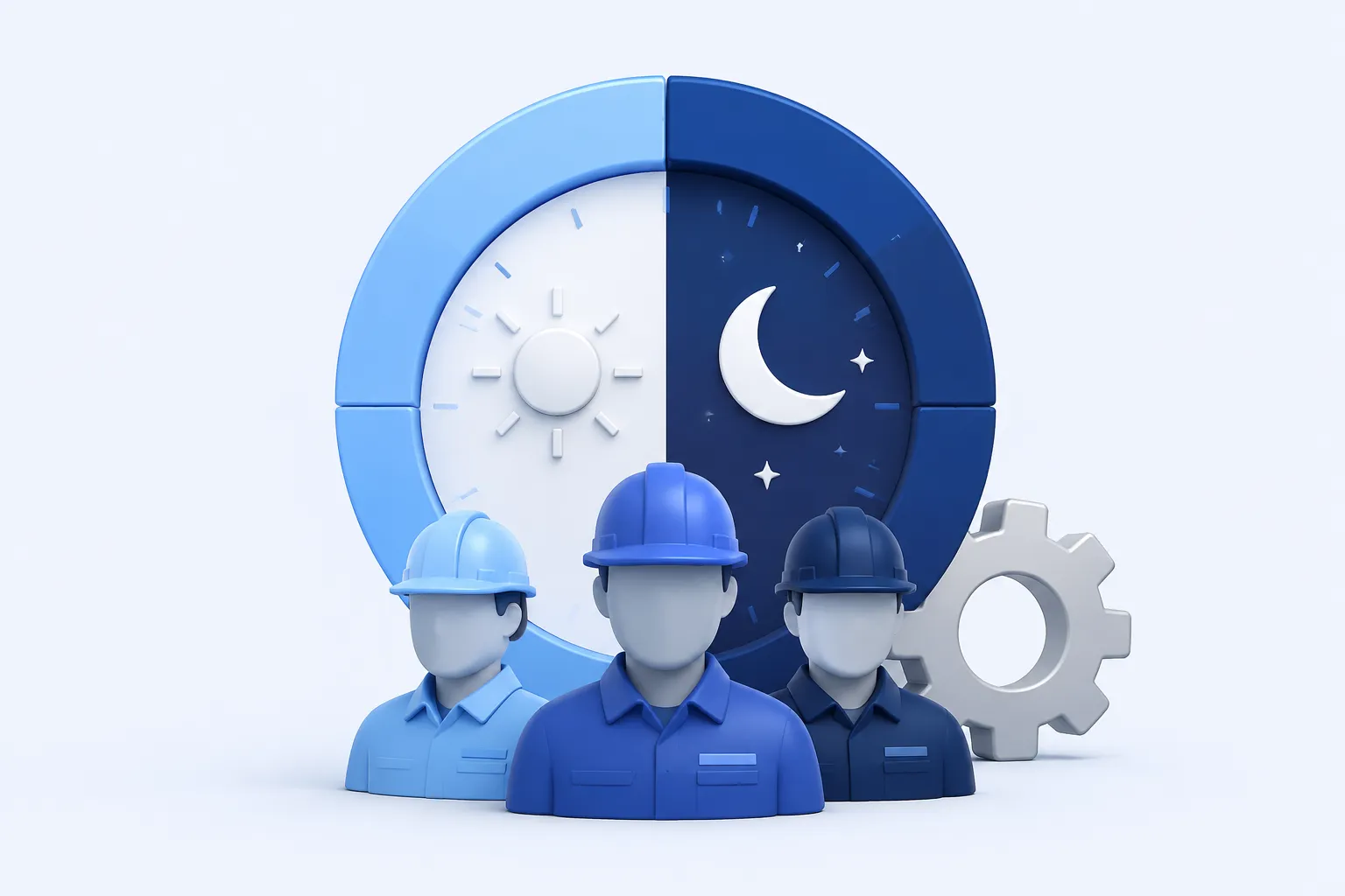 A circular day-and-night shift ring containing a simple sun and crescent moon, with a compact group of hard-hat technician busts at the front and a small industrial gear.