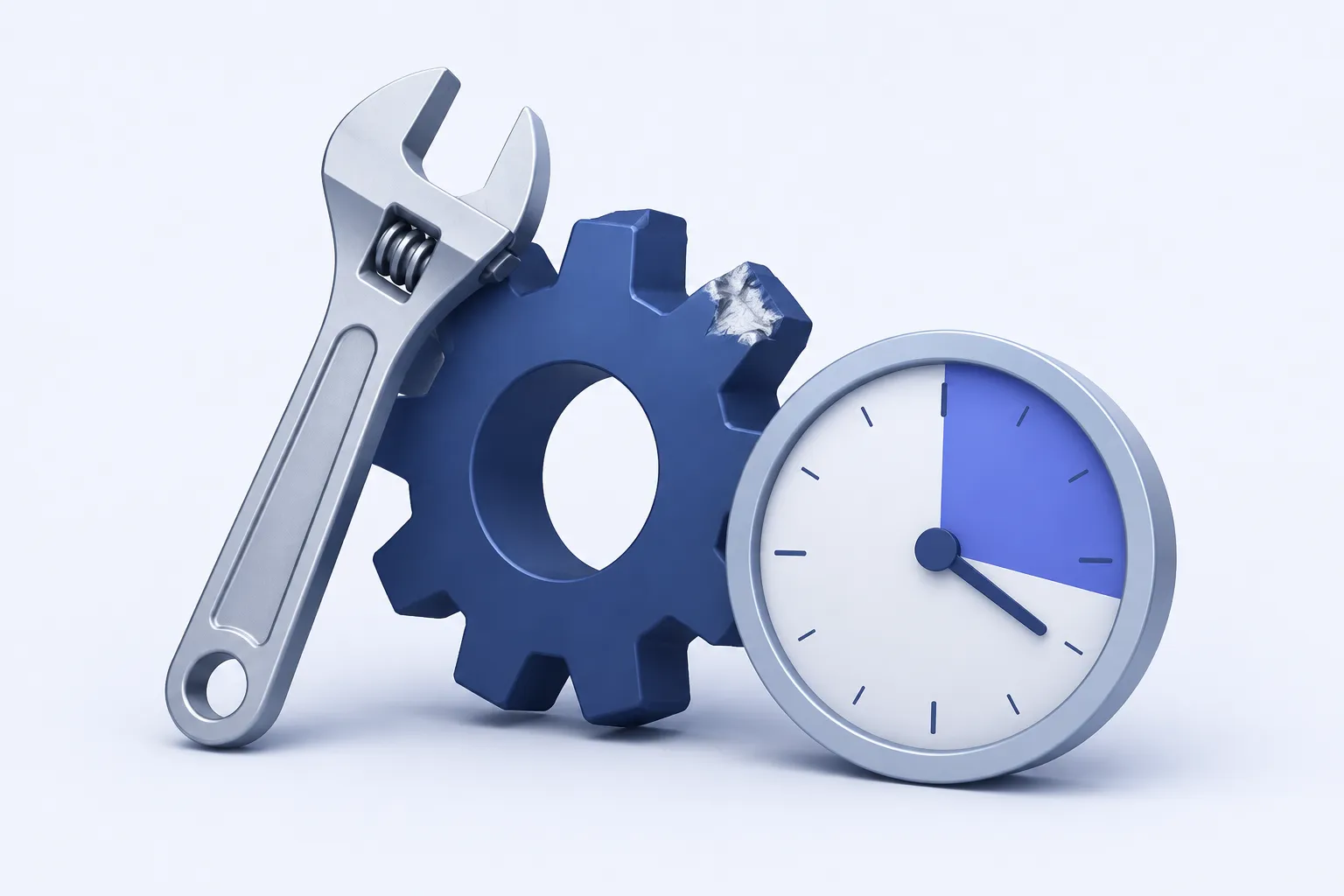 A wrench beside a gear with one visibly worn tooth, with a clean clock containing a highlighted indigo segment.