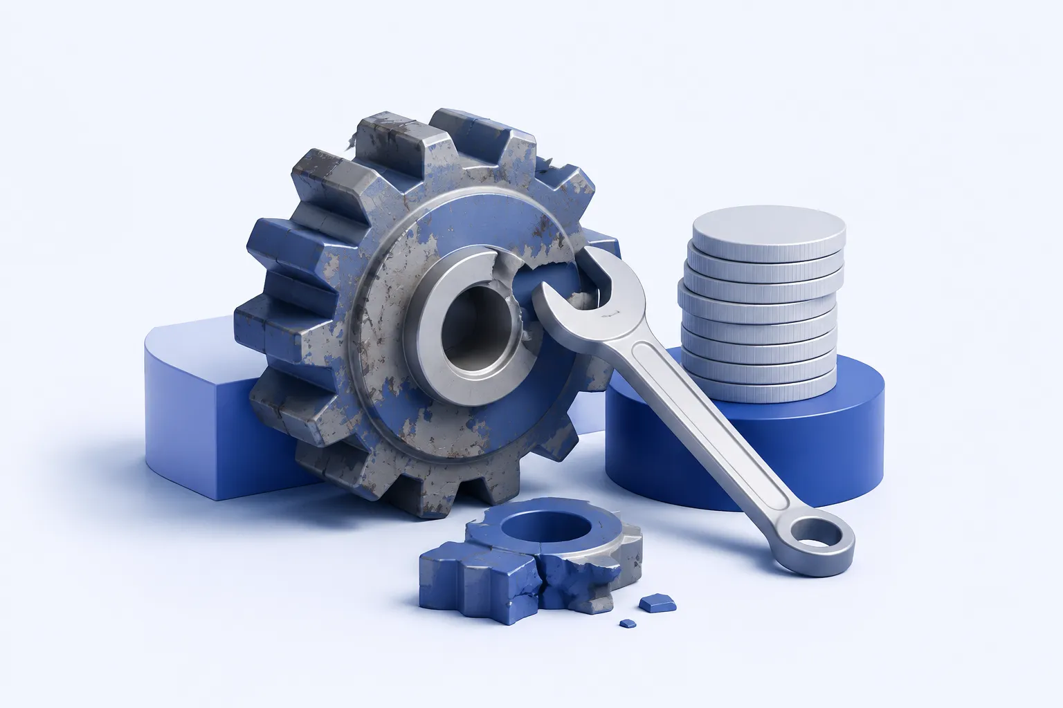 A worn industrial gear and a precisely placed wrench beside a plain coin stack, with a small separated defective component in front.
