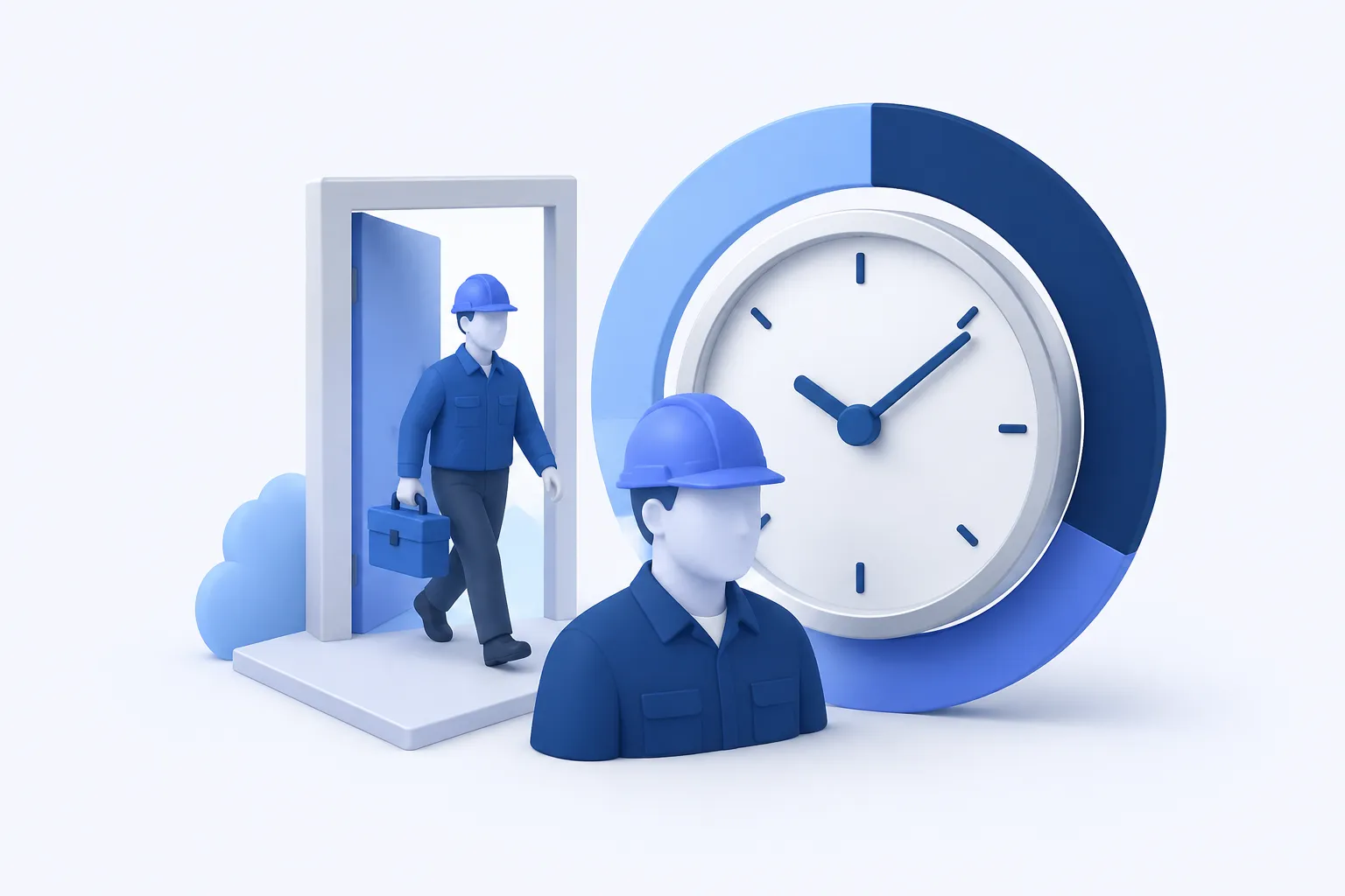 Two simplified hard-hat worker busts, one arriving through a clean external doorway icon with a tool case, beside a circular clock.