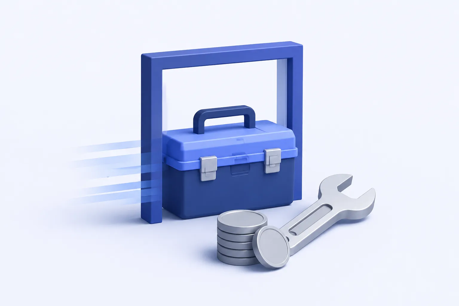 An external maintenance tool case arriving through a simple doorway outline, with a small plain coin stack and a wrench.