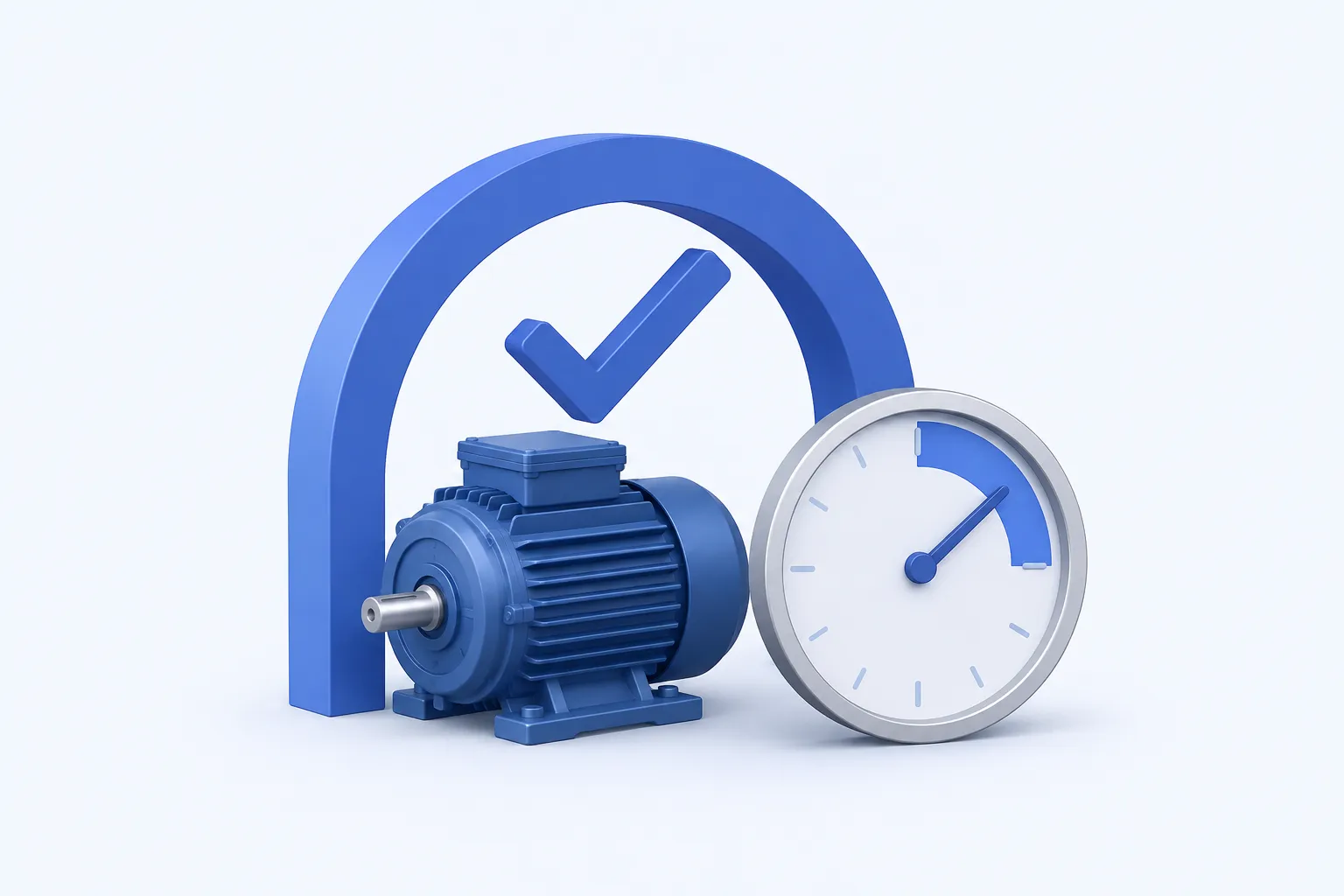 An intact industrial motor beneath an open check-mark arch, next to a clean clock dial whose broad indigo arc indicates readiness during required operating time.