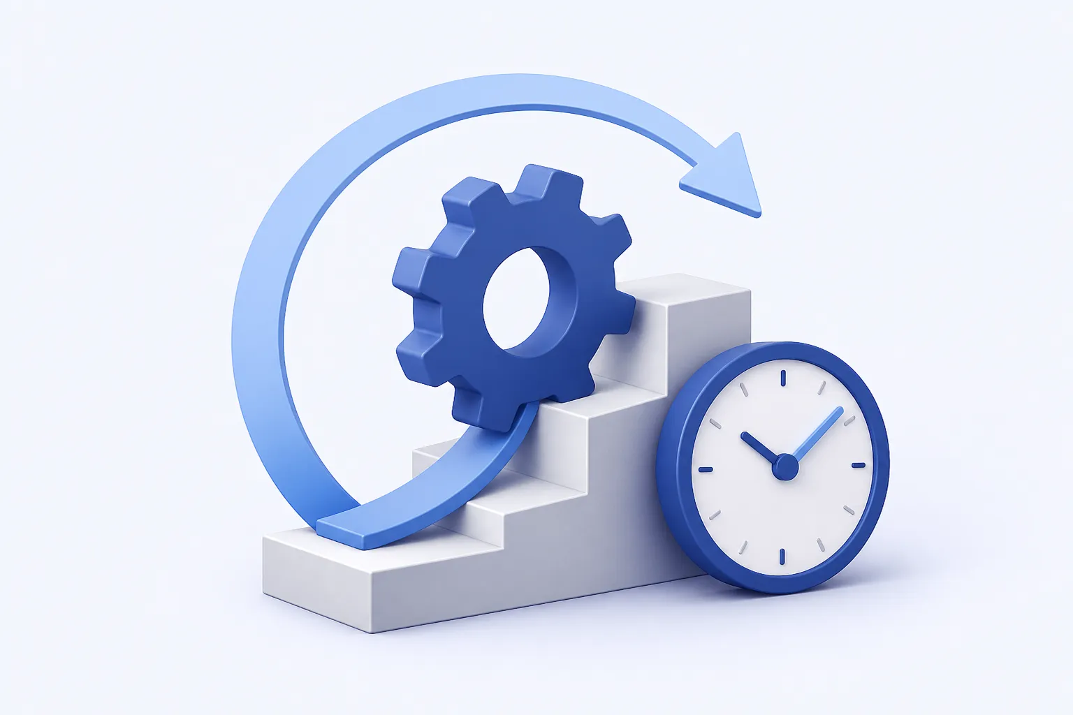 A clean industrial gear moving upward along a modest three-step platform, guided by a circular improvement arrow and a clock.