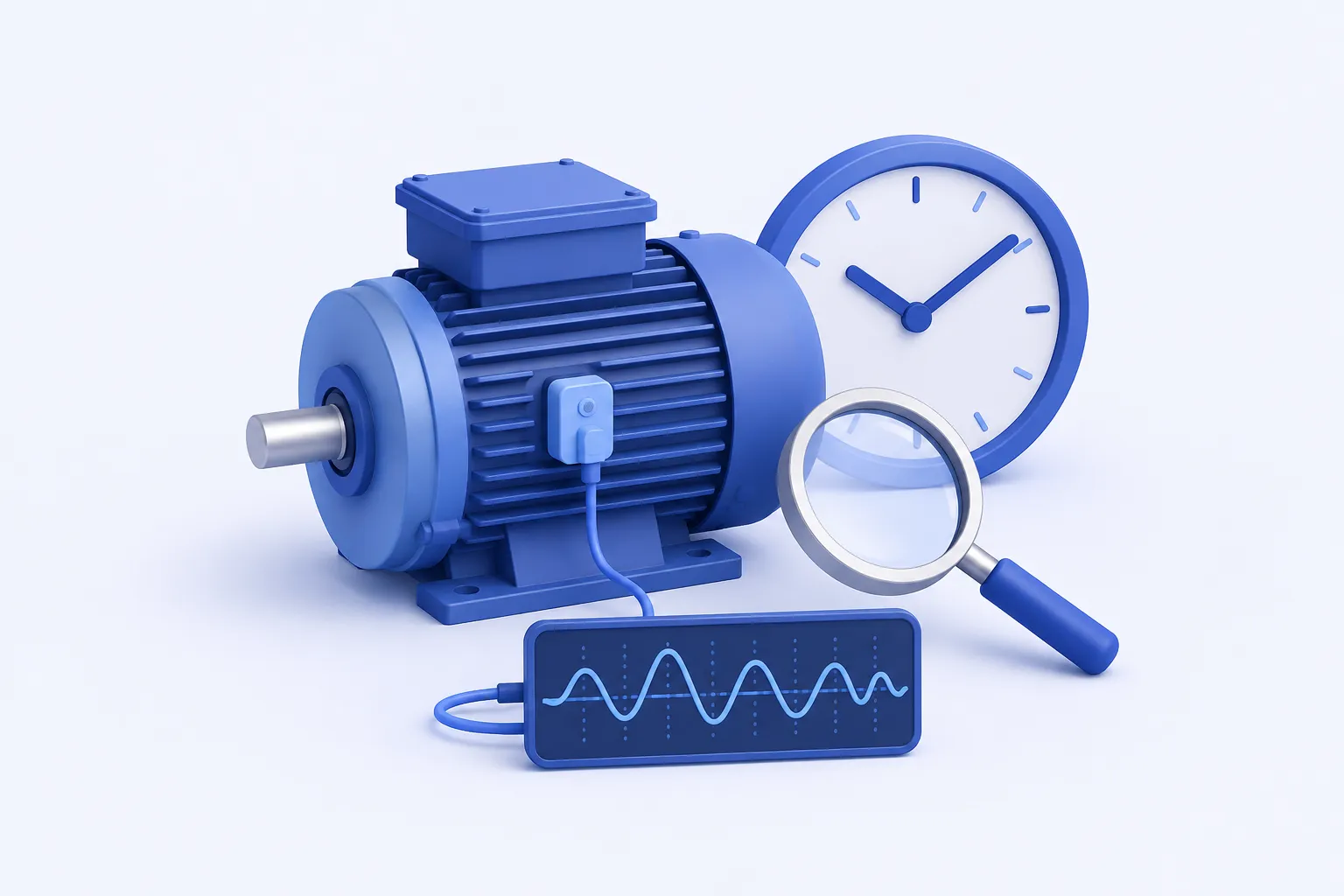 An industrial motor with a small attached sensor connected to a simple waveform, paired with a clock and inspection magnifier.