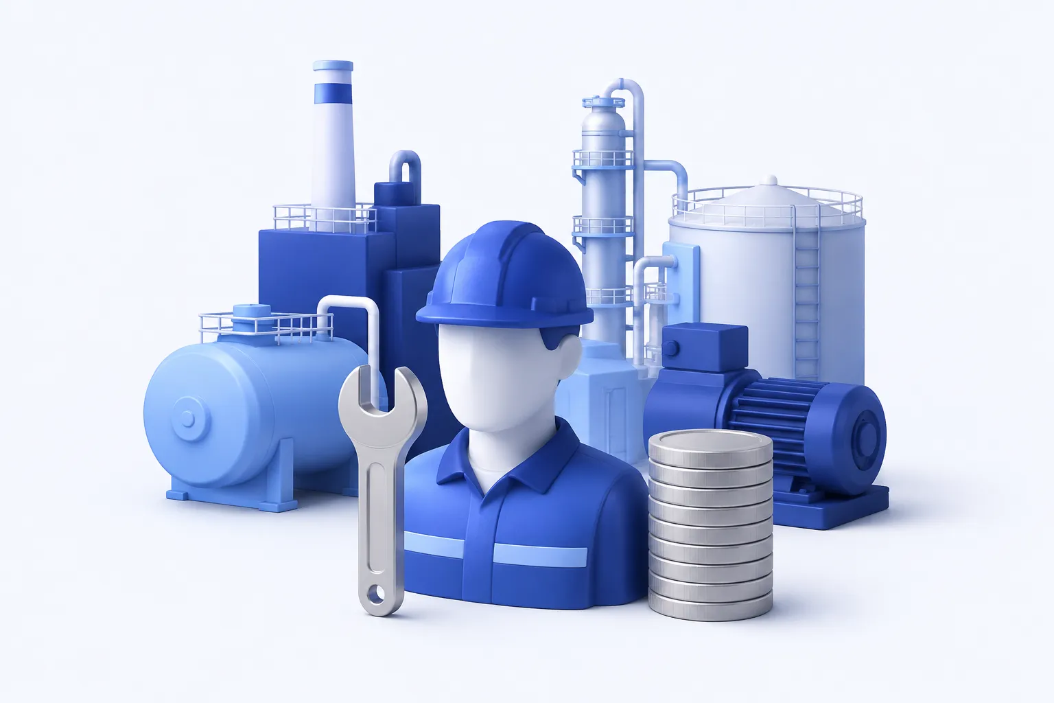 One simplified hard-hat maintenance-worker bust and a wrench standing in front of a larger group of industrial asset forms, with a compact plain coin stack.