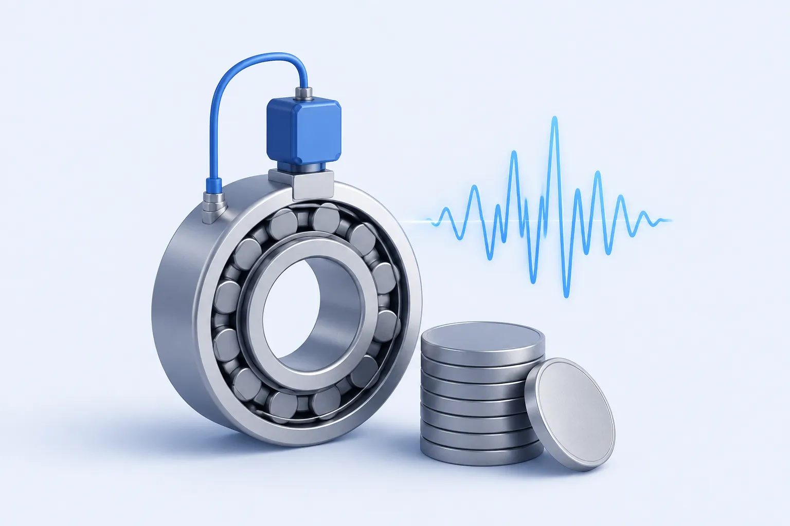 An industrial bearing with a neatly attached sensor and a short clean waveform, beside a small stack of plain coins.
