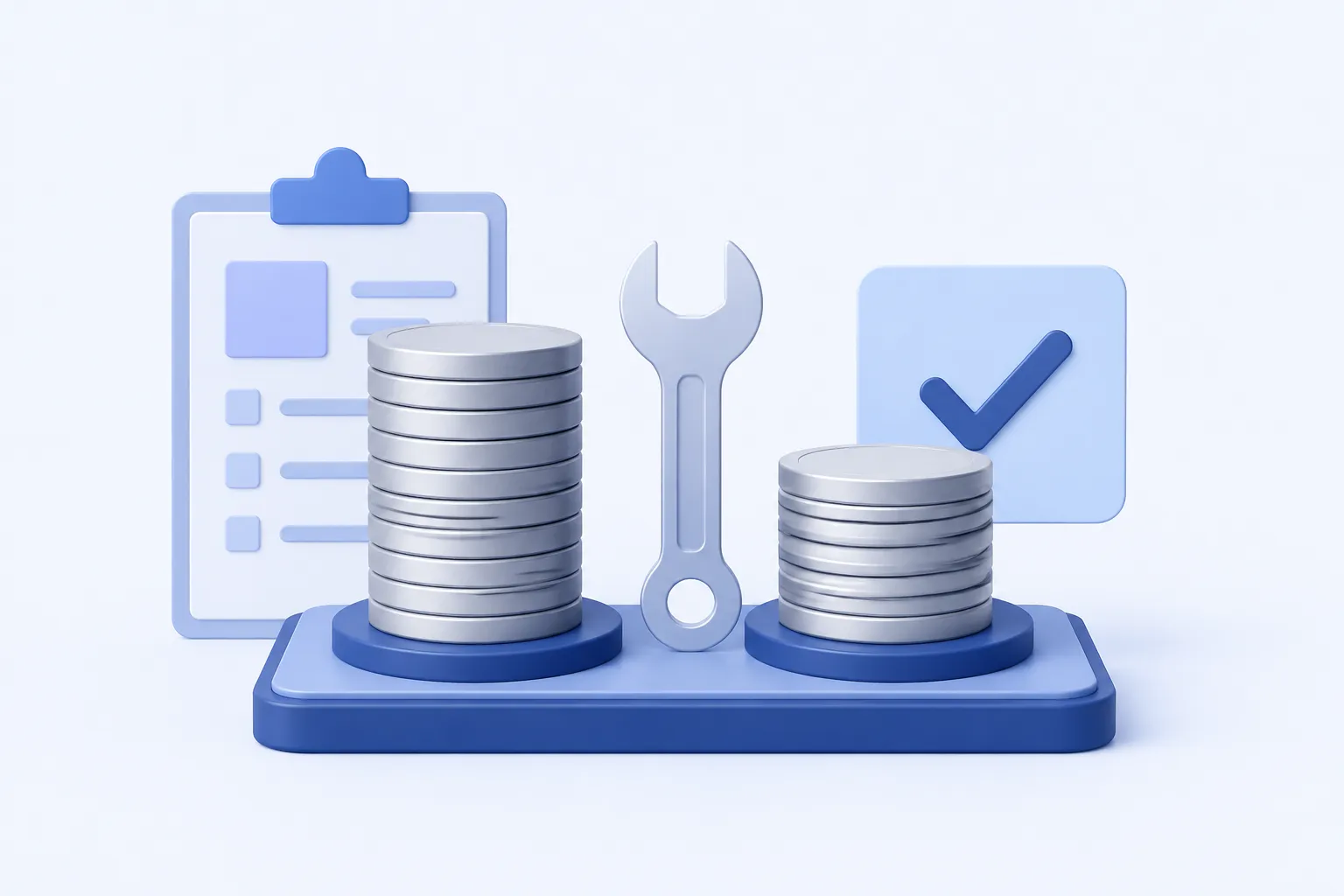 Two tidy plain coin stacks side by side on a common comparison platform, one beside an outlined planning card and one beside a small completed-work check mark, with a wrench between them.