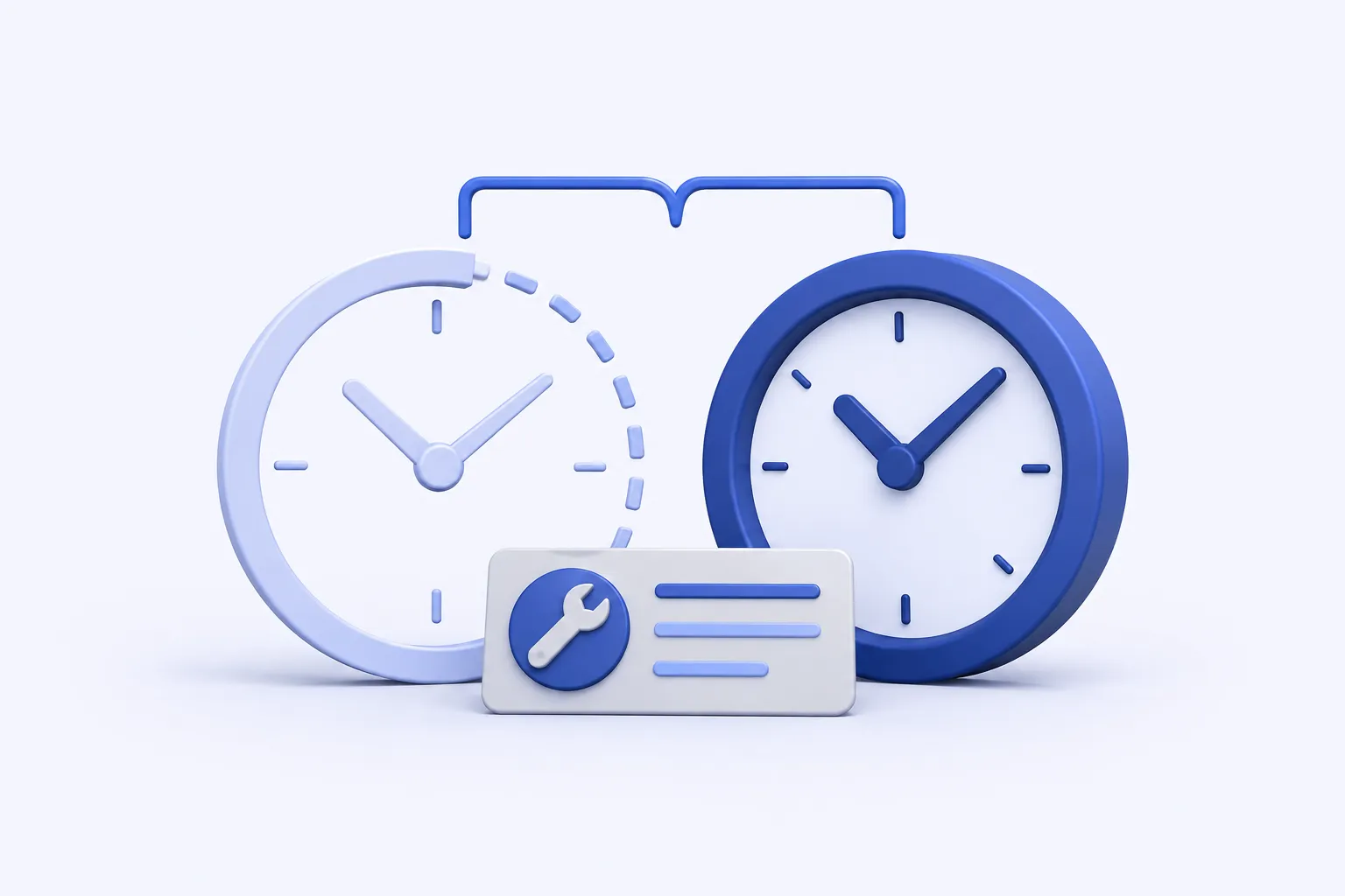 Two clean clock rings side by side on a common baseline, one pale outlined planning ring and one solid indigo actual-time ring, joined by a simple comparison bracket and a maintenance work card..