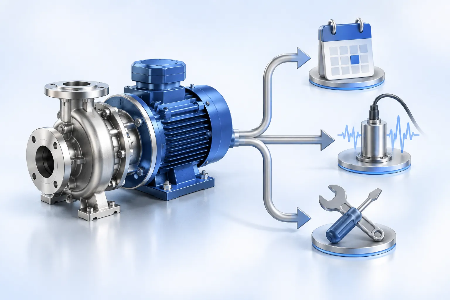 A compact industrial pump is connected to a clean three-branch decision structure ending in a calendar tile, a condition sensor and a simple corrective tool symbol.