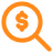 Orange magnifying glass icon with the letter i inside, representing information search.