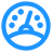 Blue circular gauge dashboard icon with speedometer and steering wheel symbols.