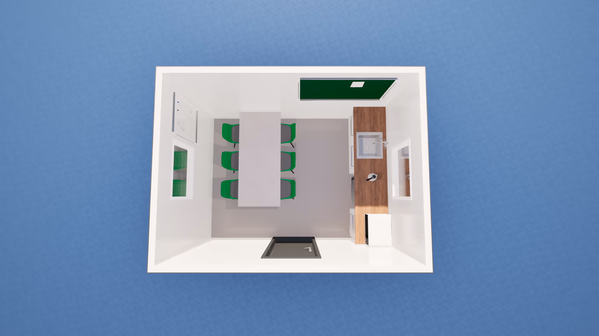 Images of compact 12x9 cabin variations for offices and canteens.