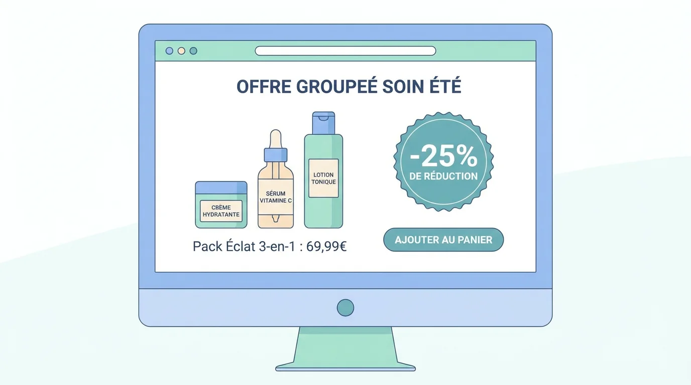 Écran montrant une offre groupée de produits avec remise sur une boutique en ligne