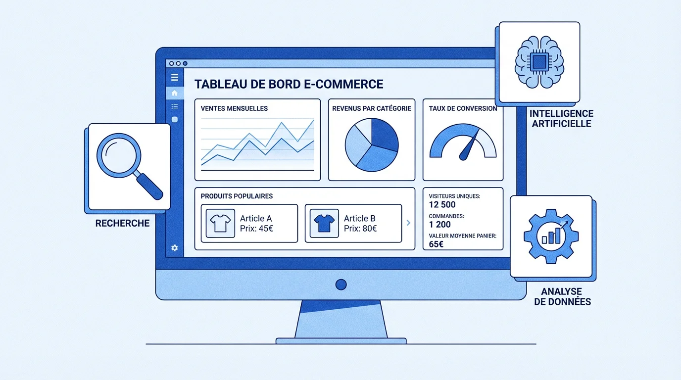 Tableau de bord d'un outil d'analyse e-commerce avec indicateurs de performance