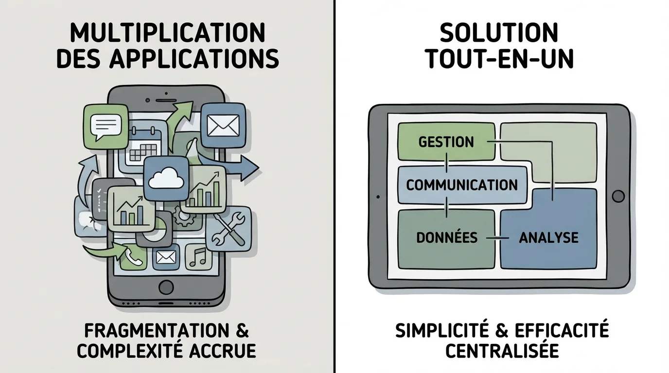 Comparaison visuelle entre la multiplication d'applications tierces et une solution tout-en-un intégrée