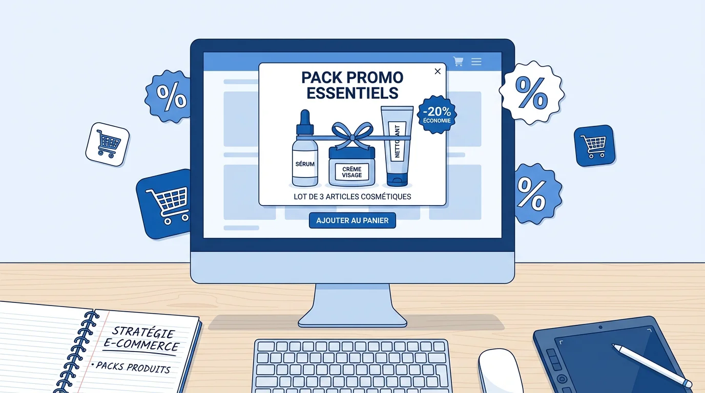 Illustration d'une boutique en ligne avec des produits groupés en bundle et des icônes de réduction