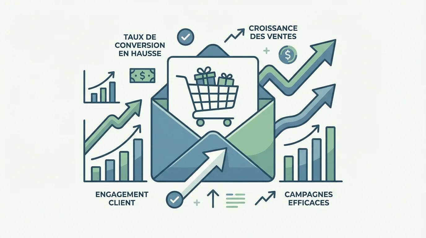 Illustration d'un email de relance panier abandonné avec des indicateurs de performance positifs