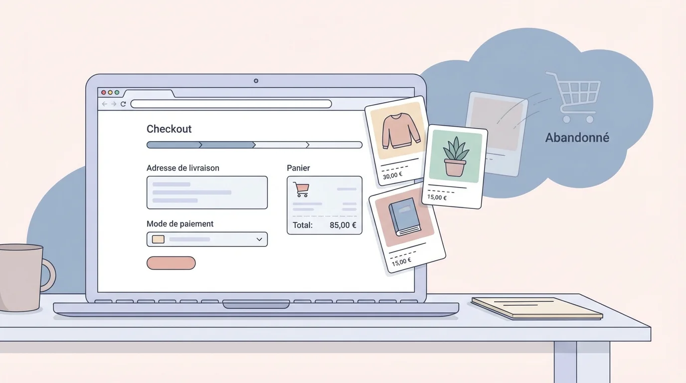 Illustration d'un écran de checkout e-commerce avec des produits quittant le panier, symbolisant l'abandon de panier