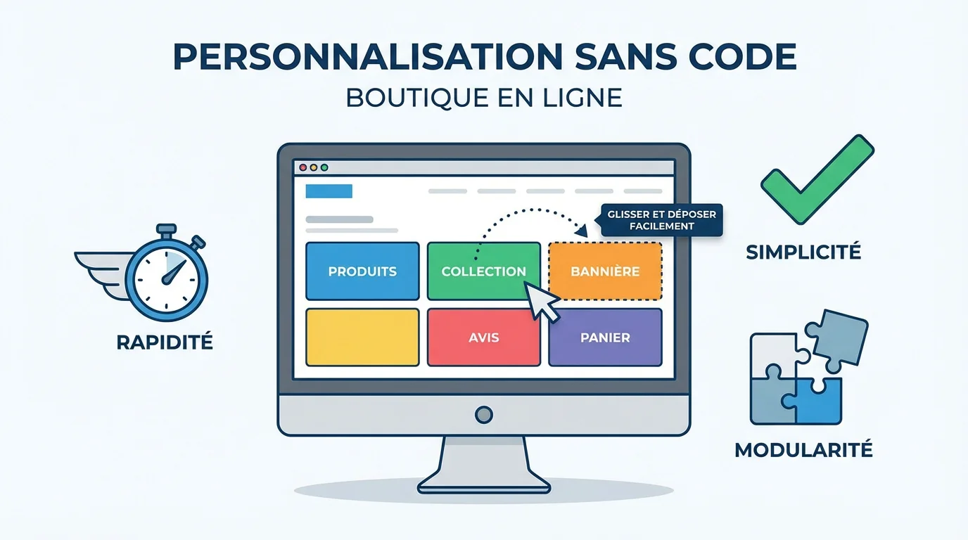 Interface simplifiée de personnalisation de boutique Shopify avec blocs modulaires sans code