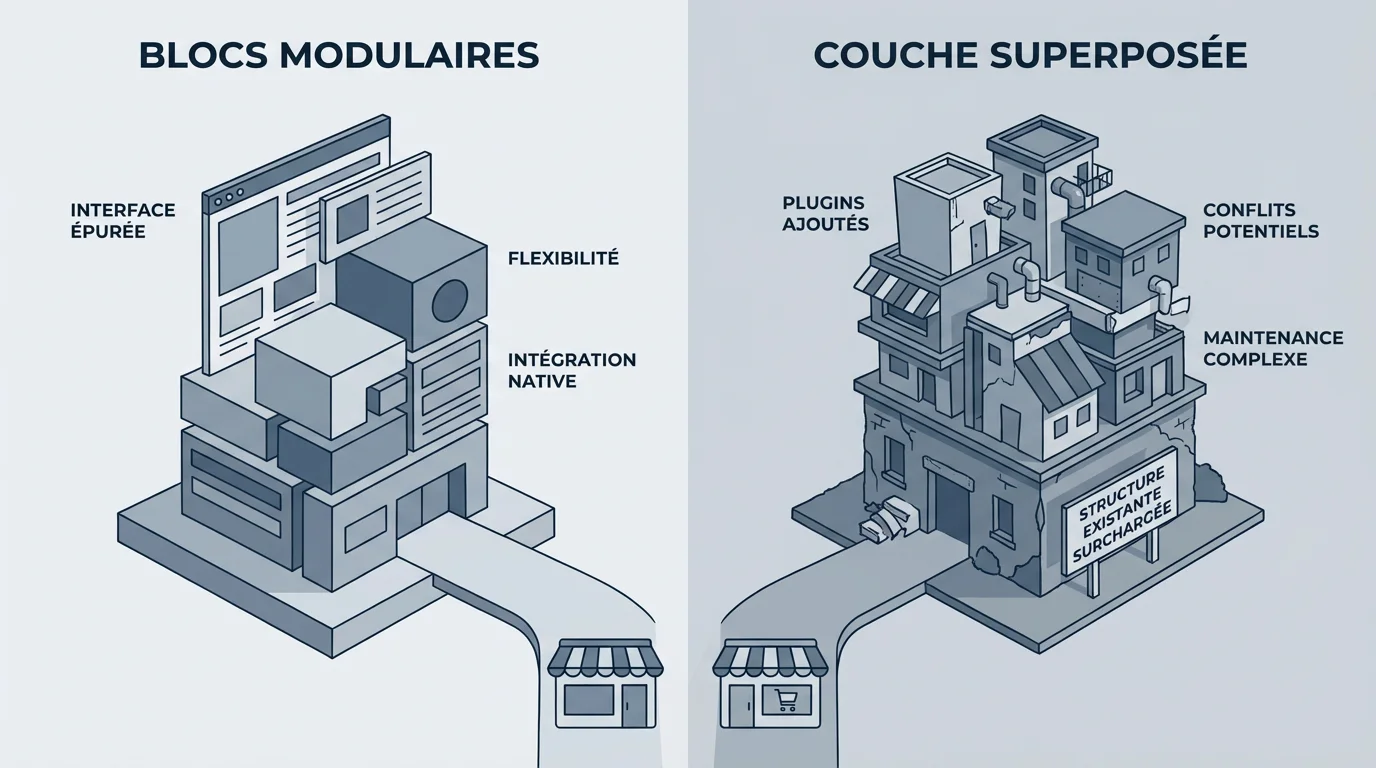 Illustration comparant deux approches de construction de boutique Shopify : thème natif intégré et page builder externe