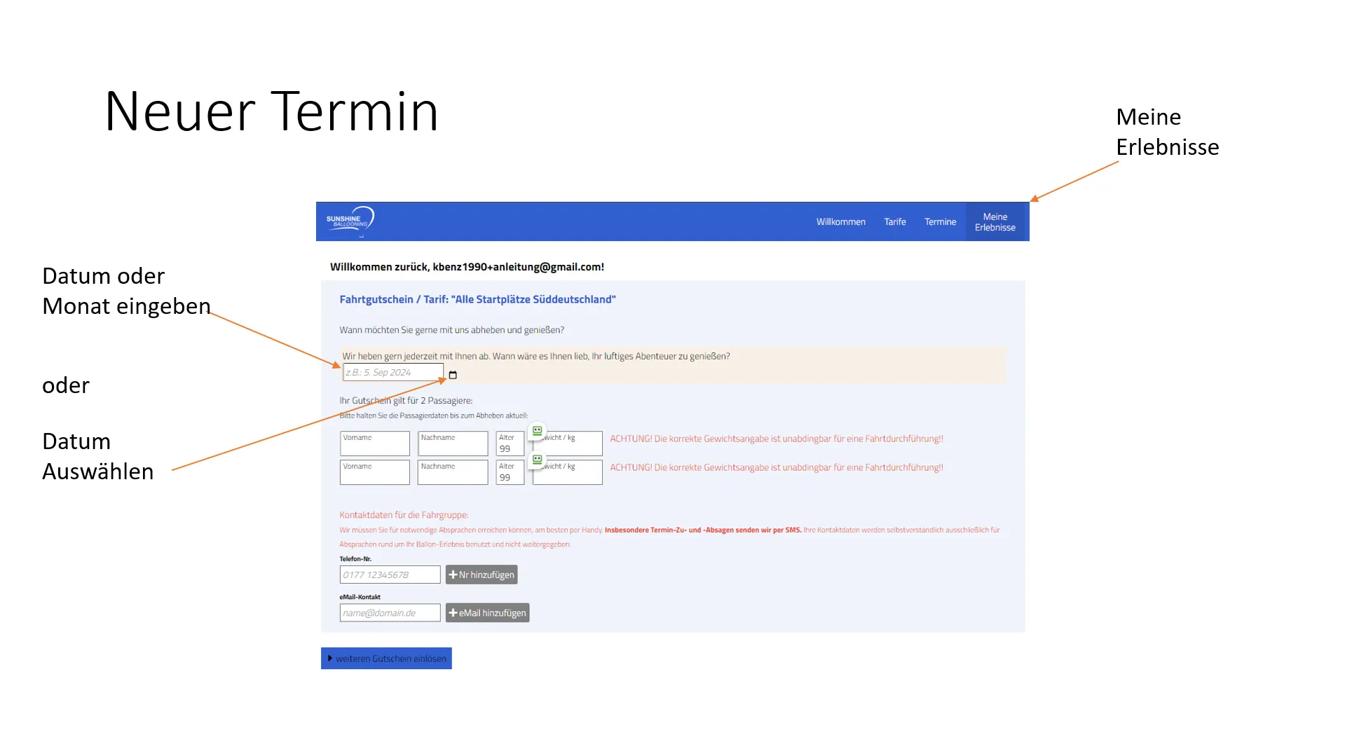 Screenshot einer Webseite zur Terminbuchung mit Formularfeldern für Passagierdaten, Datumsauswahl und Kontaktdaten sowie Menüpunkten oben rechts.