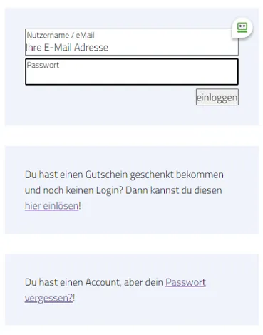 Login-Bereich mit Feldern für E-Mail-Adresse und Passwort, Schaltfläche 'einloggen' und Texthinweisen für Gutschein-Einlösung und Passwort vergessen.