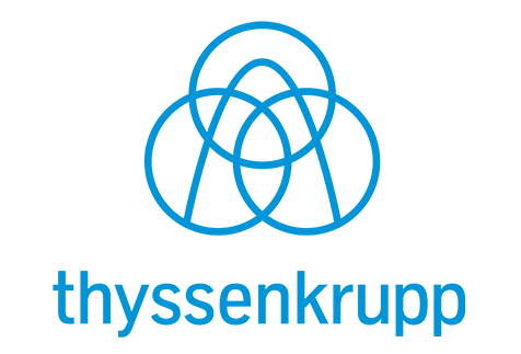 thyssenkrupp Firmenlogo in Blau mit Symbol über dem Schriftzug