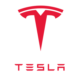 Tesla-Logo in roter Farbe auf weißem Hintergrund.