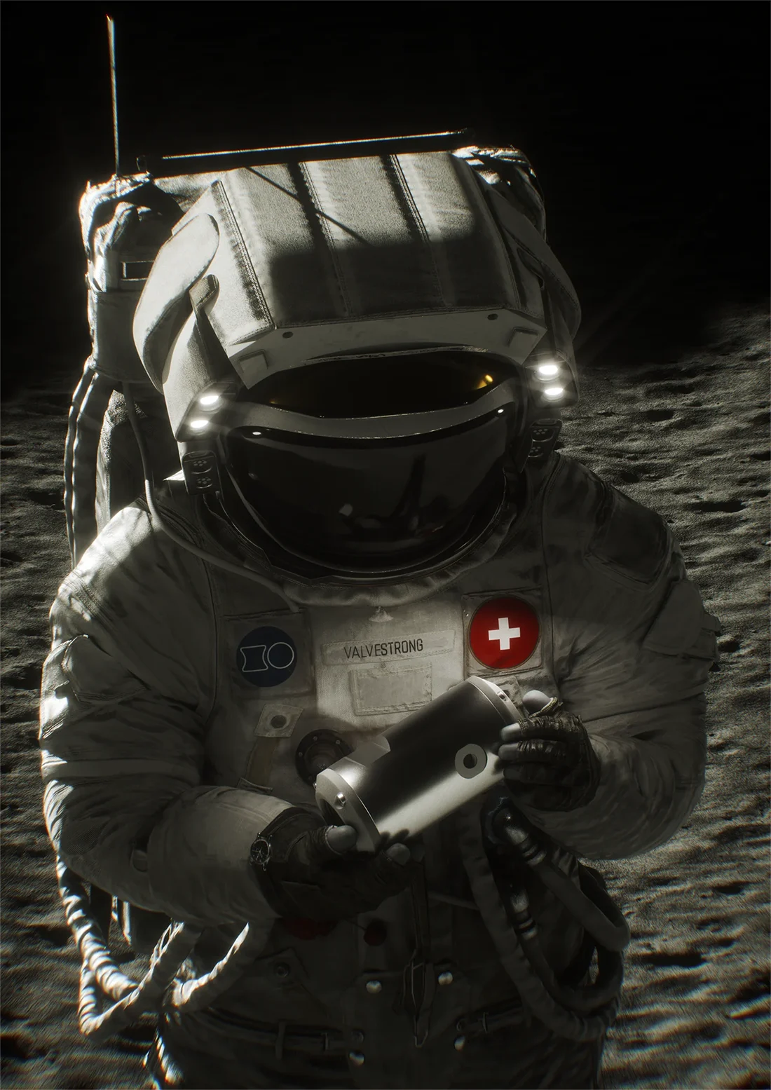 Astronaut im Raumanzug hält ein technisches Gerät auf der Mondoberfläche.