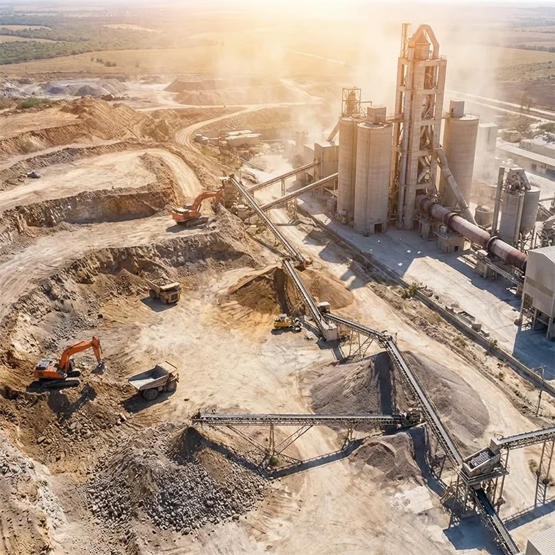 Luftaufnahme eines Zementwerks mit Baggern, Förderbändern und großen Zementsilos in einer staubigen Landschaft bei Sonnenlicht.