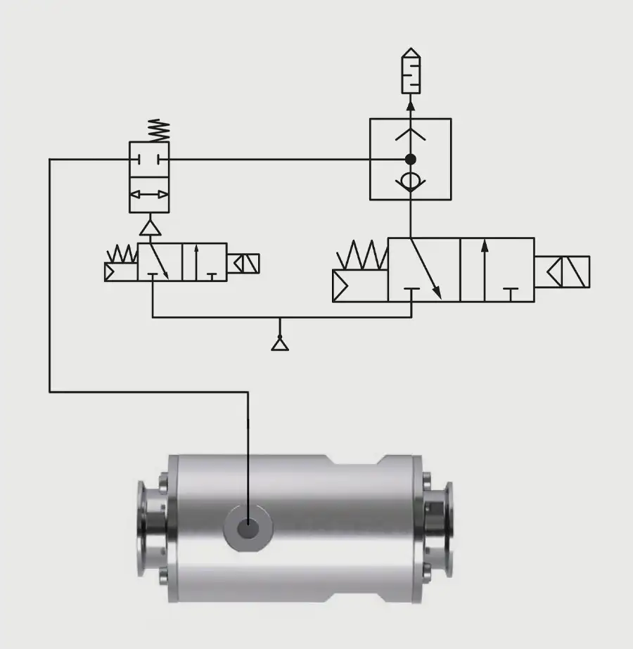 Hydraulisches Schaltsystem mit Ventildiagramm über einem Metallzylinder.