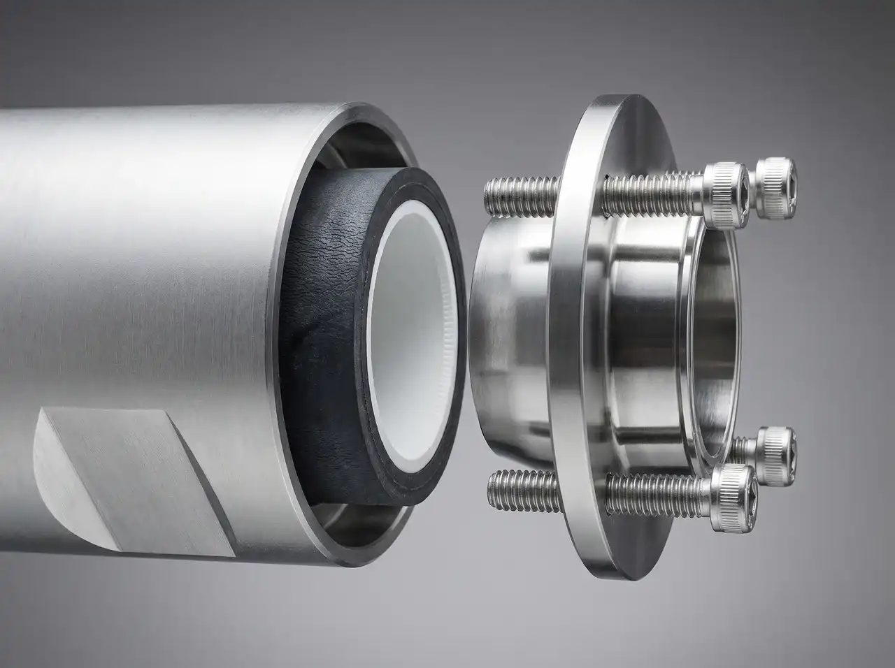 Aufgeschnittenes Metallrohr mit Dichtung und abnehmbarer Schraubenflanschverbindung.